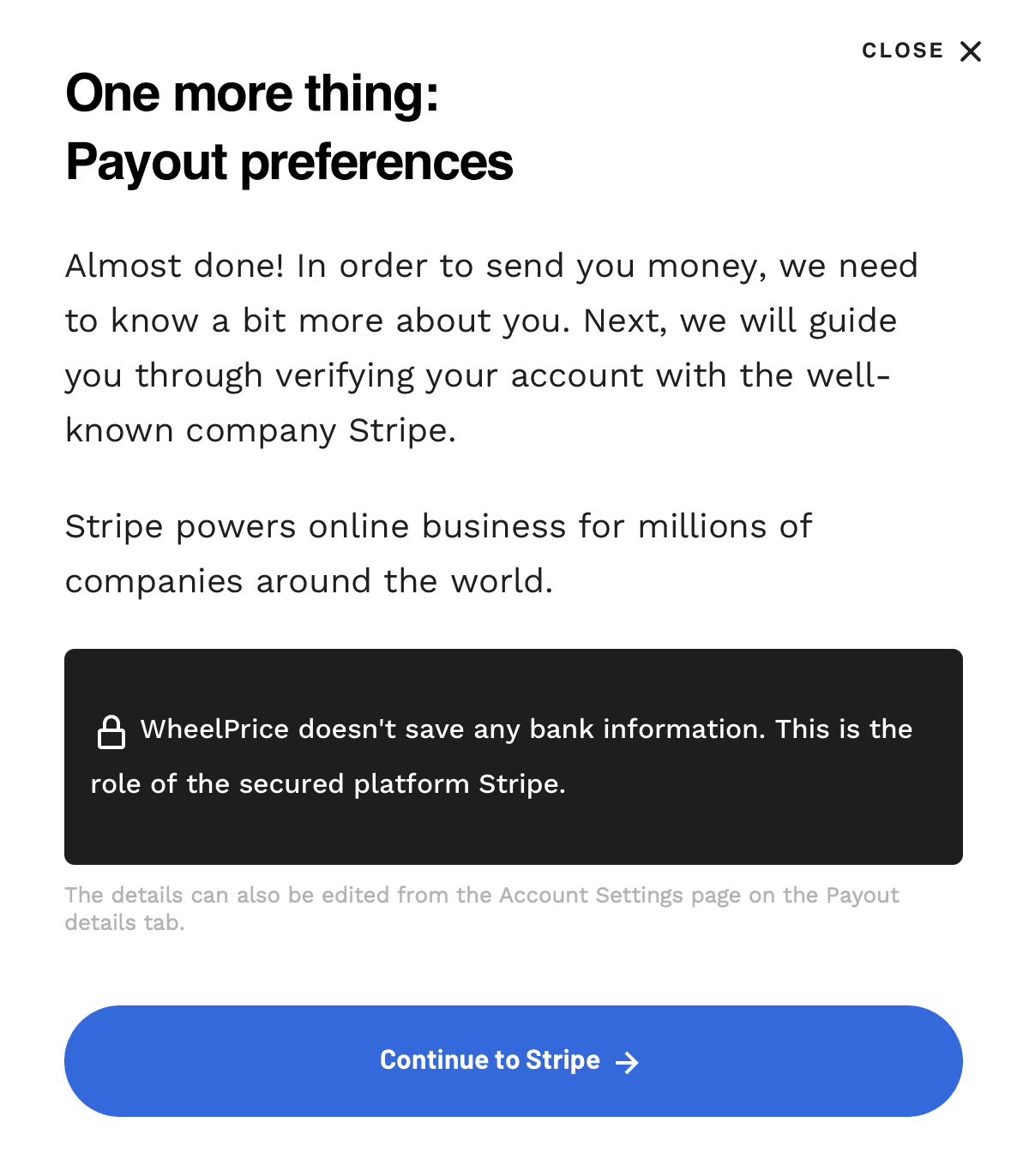 Screenshot showing Stripe connection prompt during listing creation