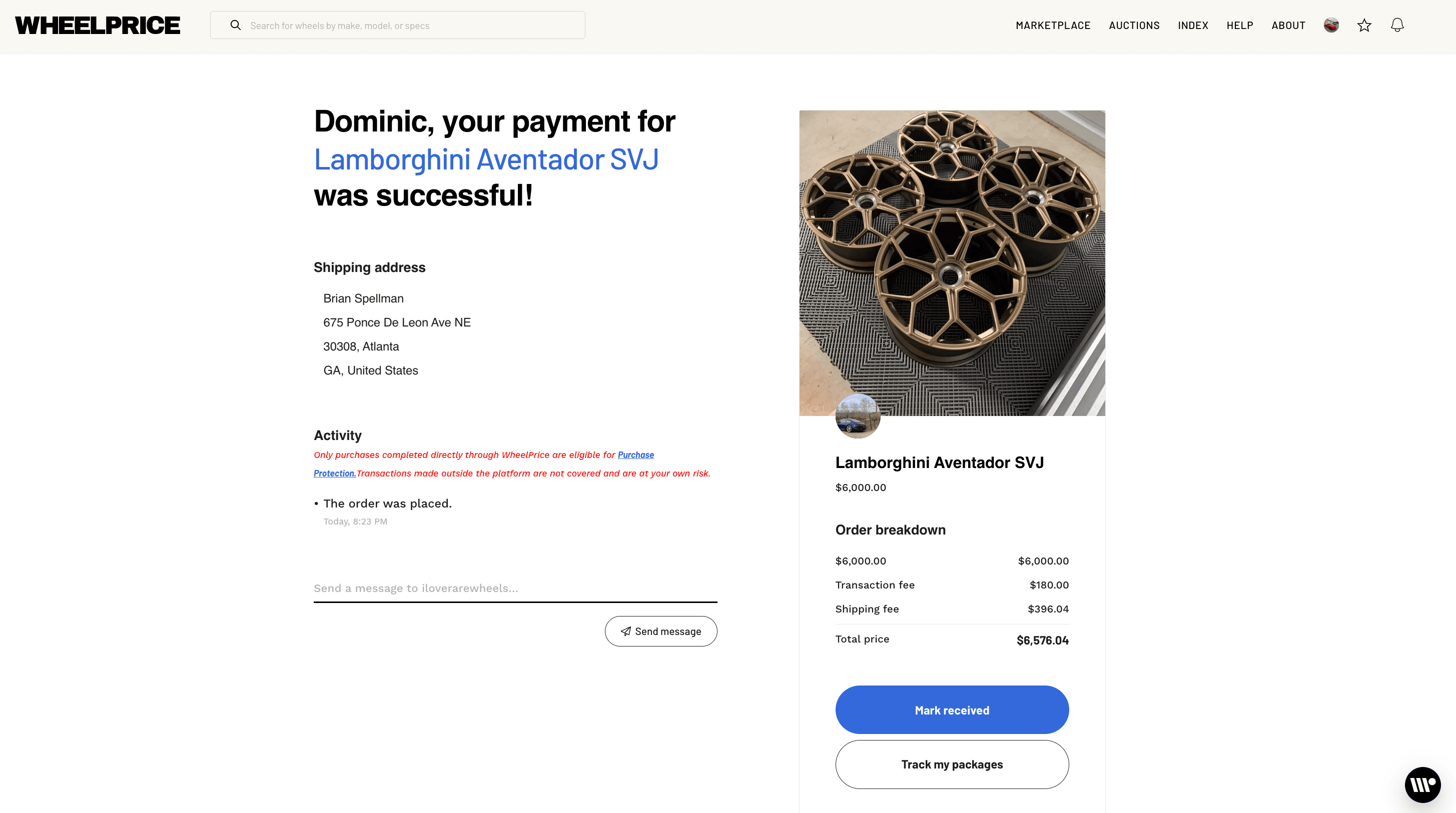 Screenshot showing the mark as received button and delivery confirmation interface