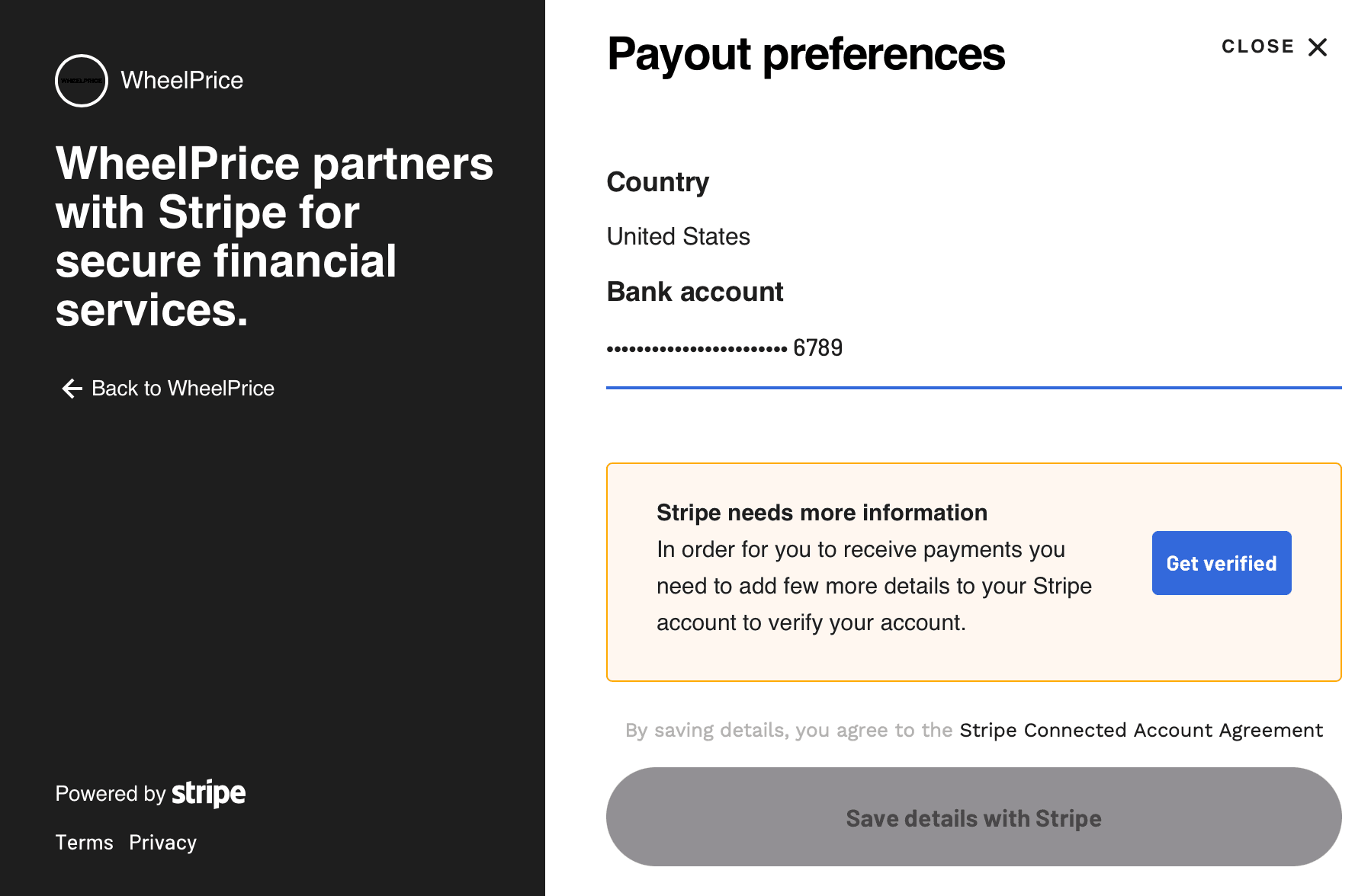 Screenshot showing Stripe verification interface for connecting bank account and completing payout setup